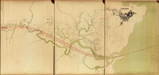 Historical map of the proposed Panama Canal showing the natural course of Rio Grande (green) and the planned piercing (red). Image: L. Gourtier, undated (Library of Congress).